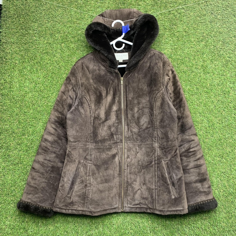 Sonoma Jacket Womens Large Brown Leather Hooded Faux Fur Lined Shearling Winter